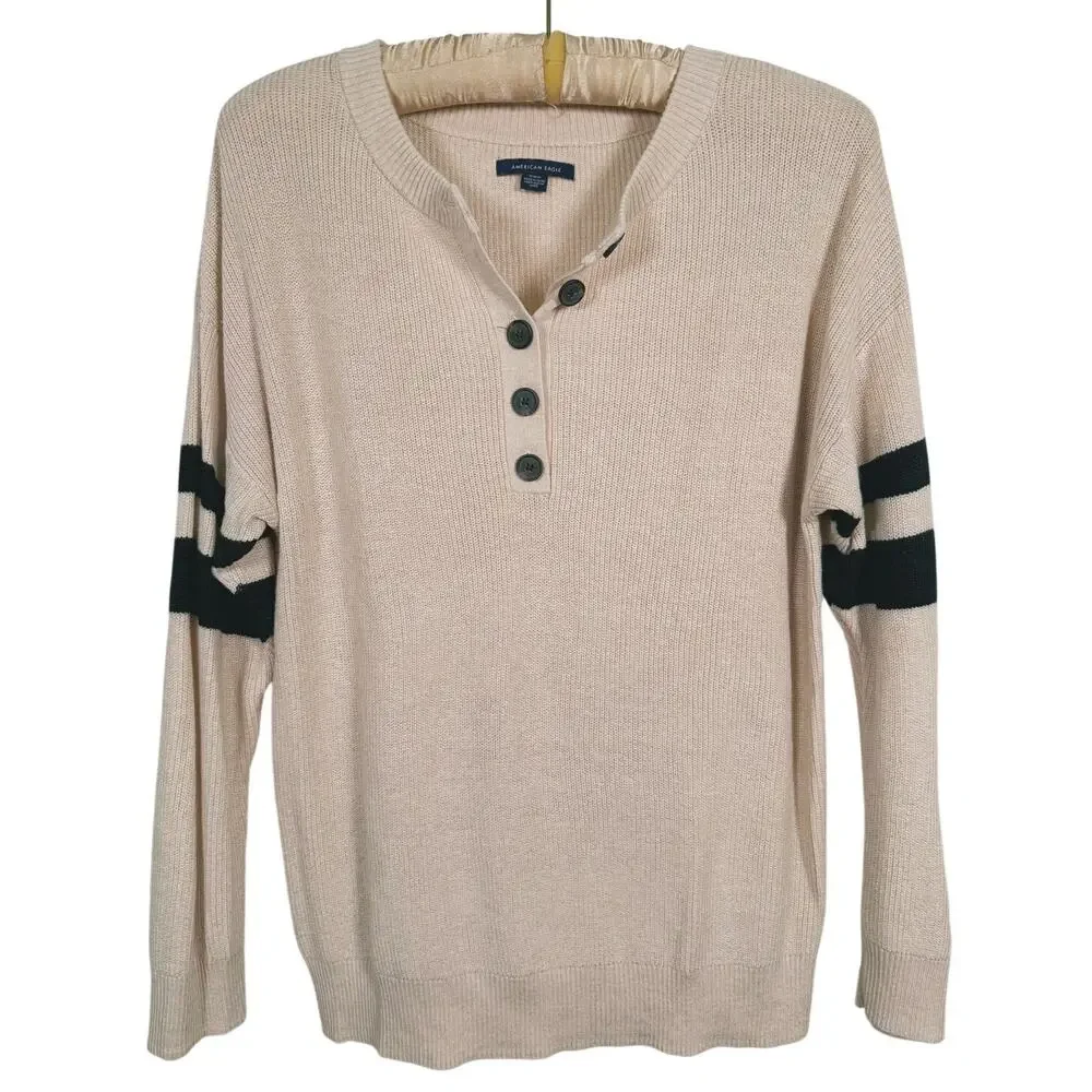 American Eagle Rugby Stripe Henley Sweater Medium Beige Ivy League Coastal Prep